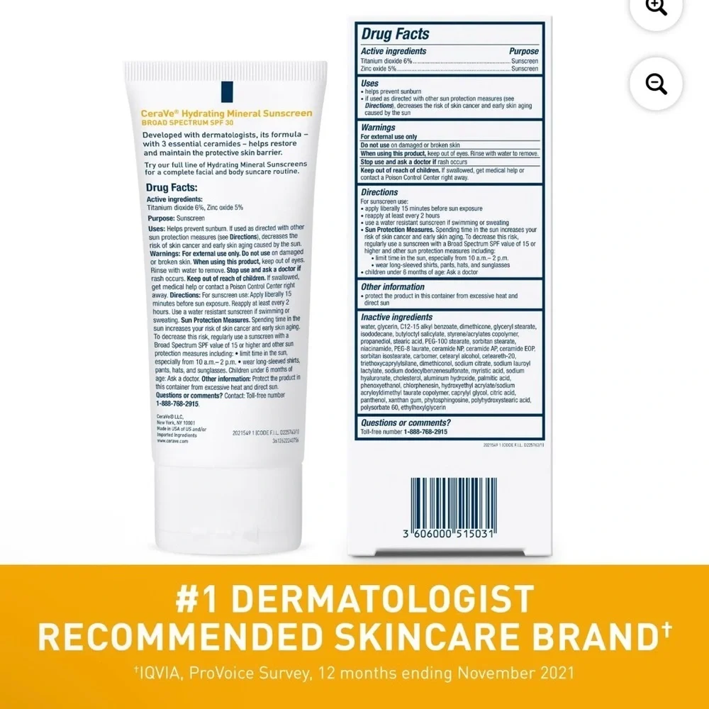 CeraVe Hydrating Mineral Sunscreen SPF 30 Face Lotion for Sensitive Skin